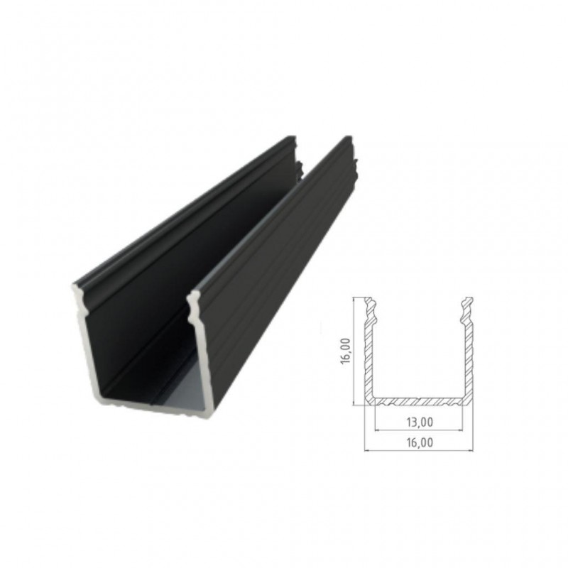 PERFIL ALUMINIO CANAL NEGRO TIPO U 13,16mm 1m + DIFUSOR