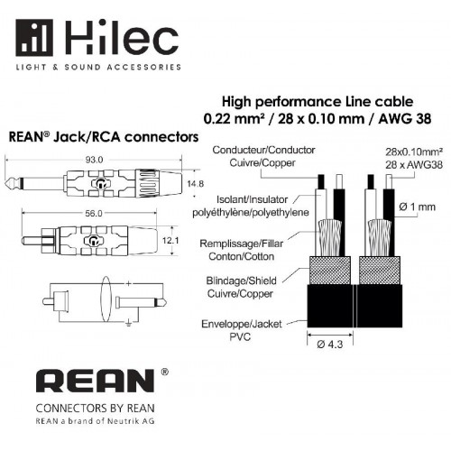 CABLE 2 JACK 6.3 MONO A 2 RCA MACHO 3m PREMIUM HILEC