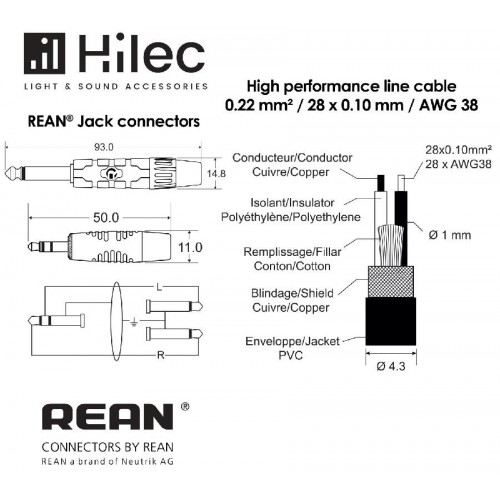 CABLE 1 MINI JACK 3.5 ST A 2 JACK 6.3  MONO 3m PREMIUM HILEC